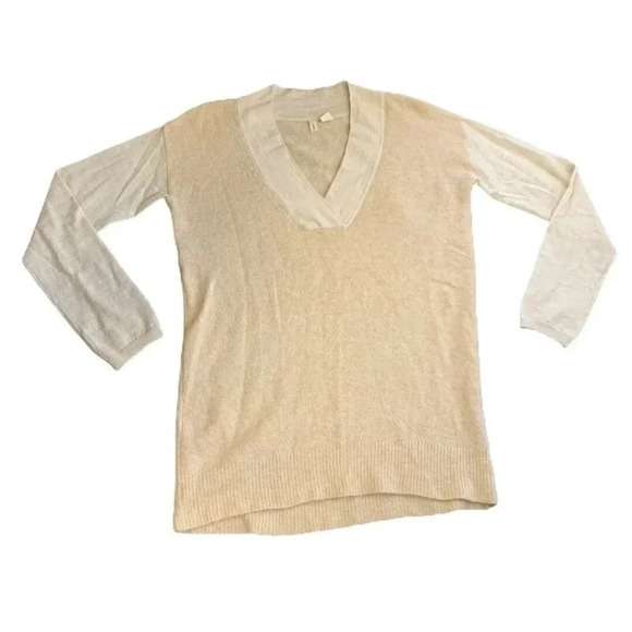 Anthropologie MOTH Size M Beige Two Tone V-Neck Wool Sweater Tunic - Picture 3 of 8